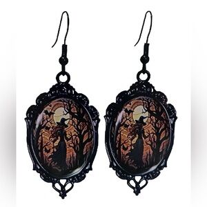 Gothic Mystery Witch Moon Cameo Drop Hook Earrings Lace Frame Blk Whimsygoth NWT